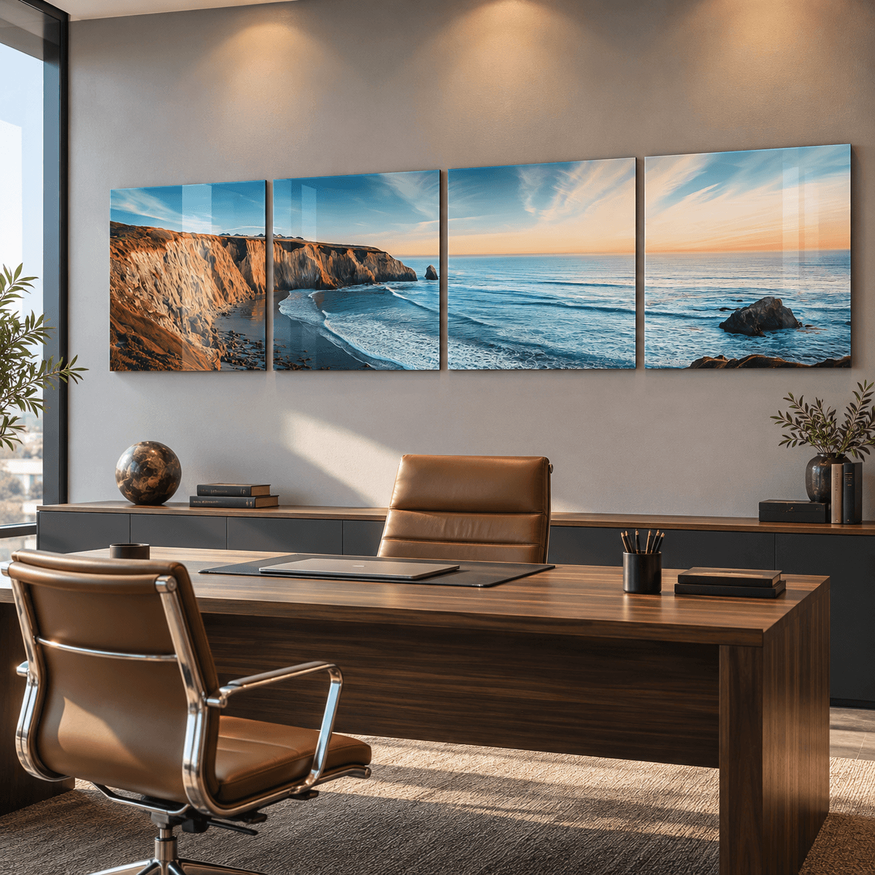 Coastal cliff and ocean sunset glass wall art behind an executive desk in a modern office